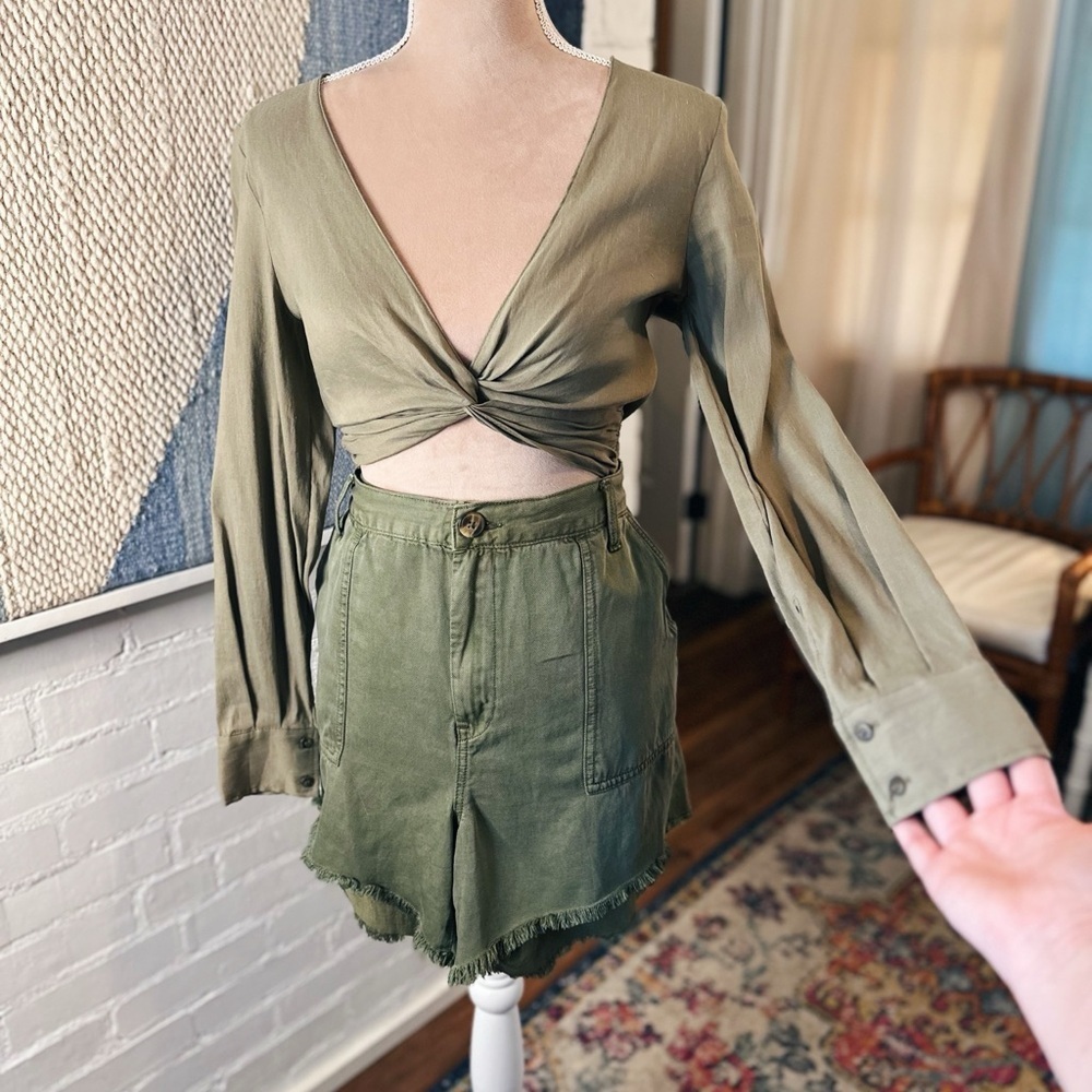 Zara Olive Green Linen Blend Waist Tie Blouse